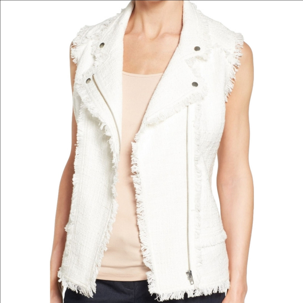 Halogen White 100% Cotton Fringe Tweed Asymmetrical Zippered Vest Size S